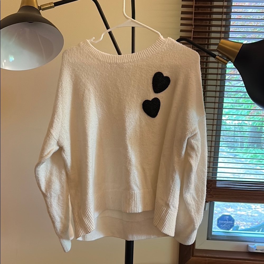 LOFT White and Black Crew Neck Sweater with Heart Accents